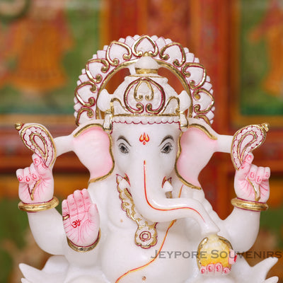 12" Pure White Makrana Marble Lord Ganesha Idol With Cut gold work
