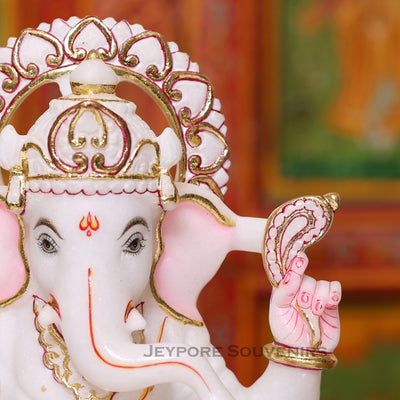 12" Pure White Makrana Marble Lord Ganesha Idol With Cut gold work