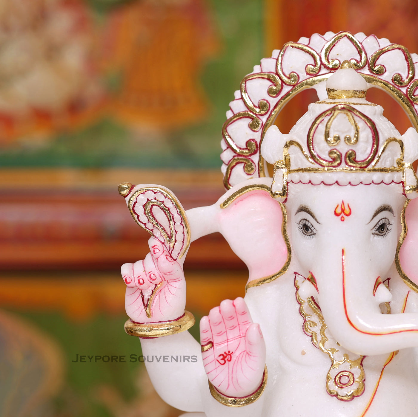 12" Pure White Makrana Marble Lord Ganesha Idol With Cut gold work