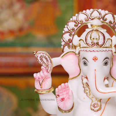 12" Pure White Makrana Marble Lord Ganesha Idol With Cut gold work