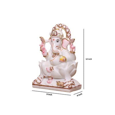 12" Pure White Makrana Marble Lord Ganesha Idol With Cut gold work