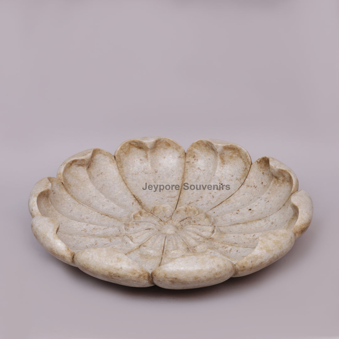 Hand-Carved Marble Lotus Urli Bowl with Antique Scalloped Petals