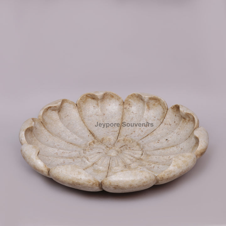 Hand-Carved Marble Lotus Urli Bowl with Antique Scalloped Petals