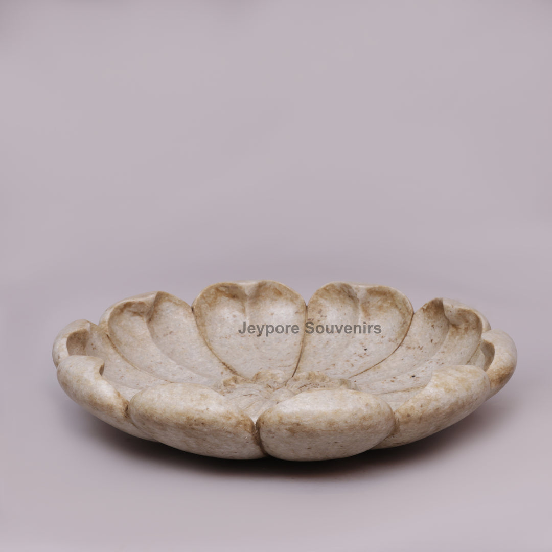 Hand-Carved Marble Lotus Urli Bowl with Antique Scalloped Petals