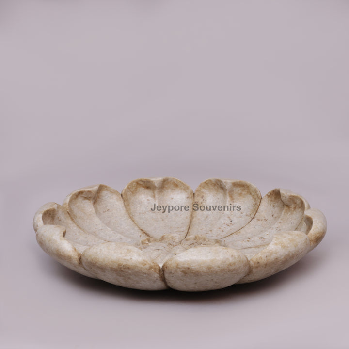 Hand-Carved Marble Lotus Urli Bowl with Antique Scalloped Petals