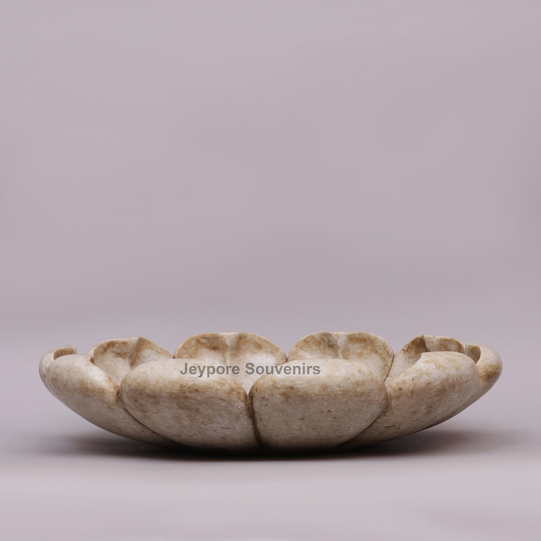 Hand-Carved Marble Lotus Urli Bowl with Antique Scalloped Petals