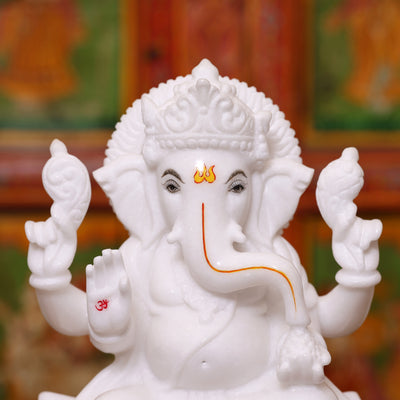12" Handcrafted Pure White Marble Lord Ganesha Murti for Home & Office Décor