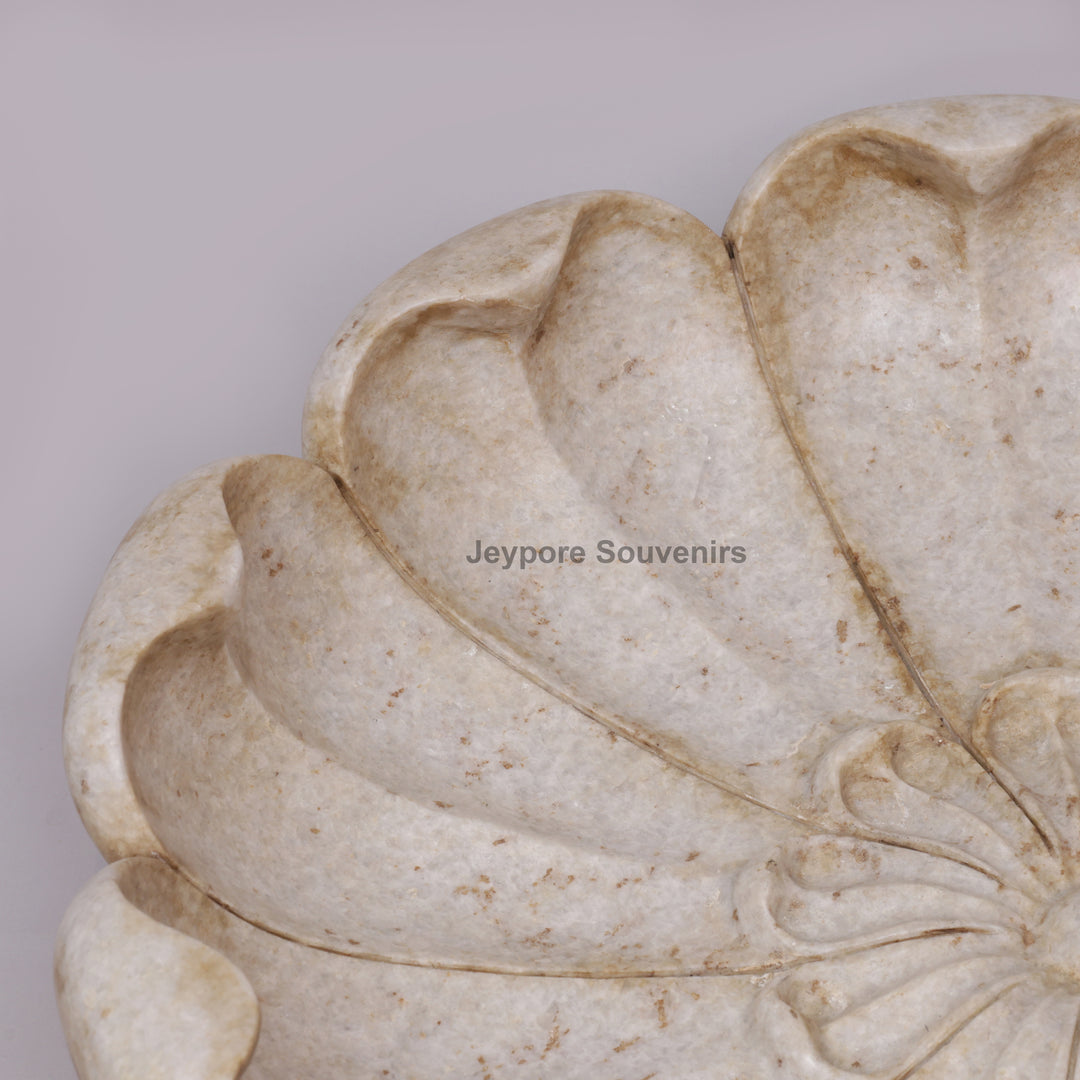 Hand-Carved Marble Lotus Urli Bowl with Antique Scalloped Petals