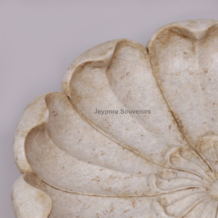 Hand-Carved Marble Lotus Urli Bowl with Antique Scalloped Petals