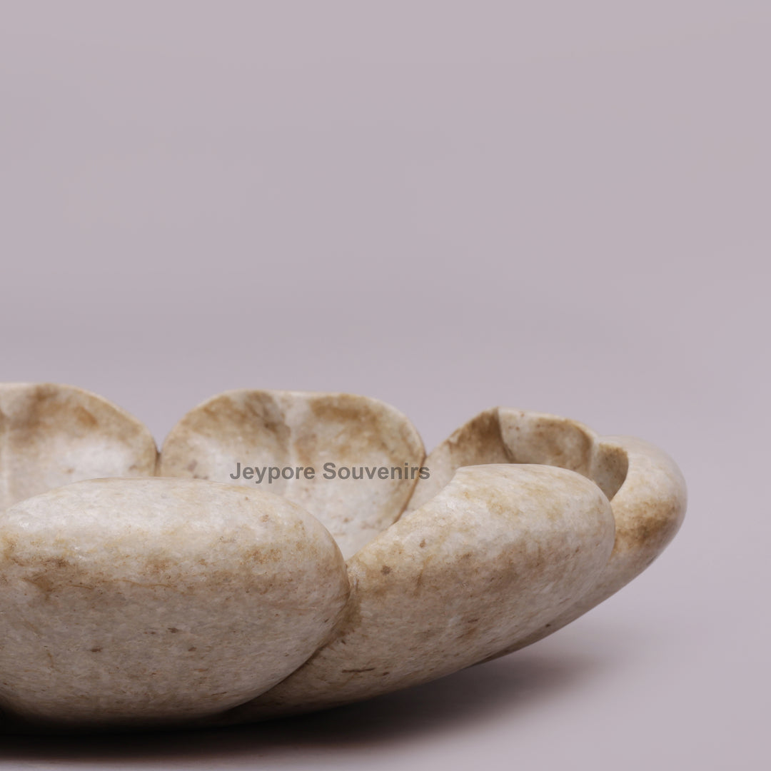 Hand-Carved Marble Lotus Urli Bowl with Antique Scalloped Petals