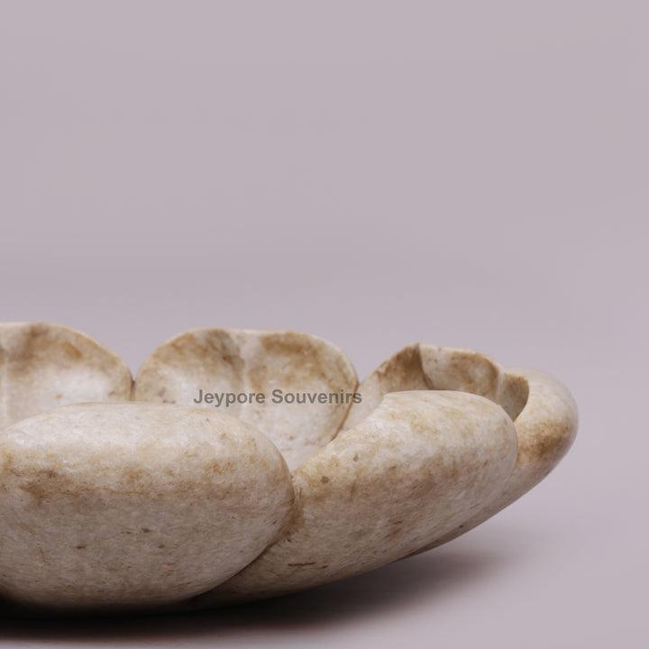 Hand-Carved Marble Lotus Urli Bowl with Antique Scalloped Petals