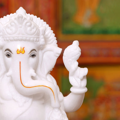 12" Handcrafted Pure White Marble Lord Ganesha Murti for Home & Office Décor
