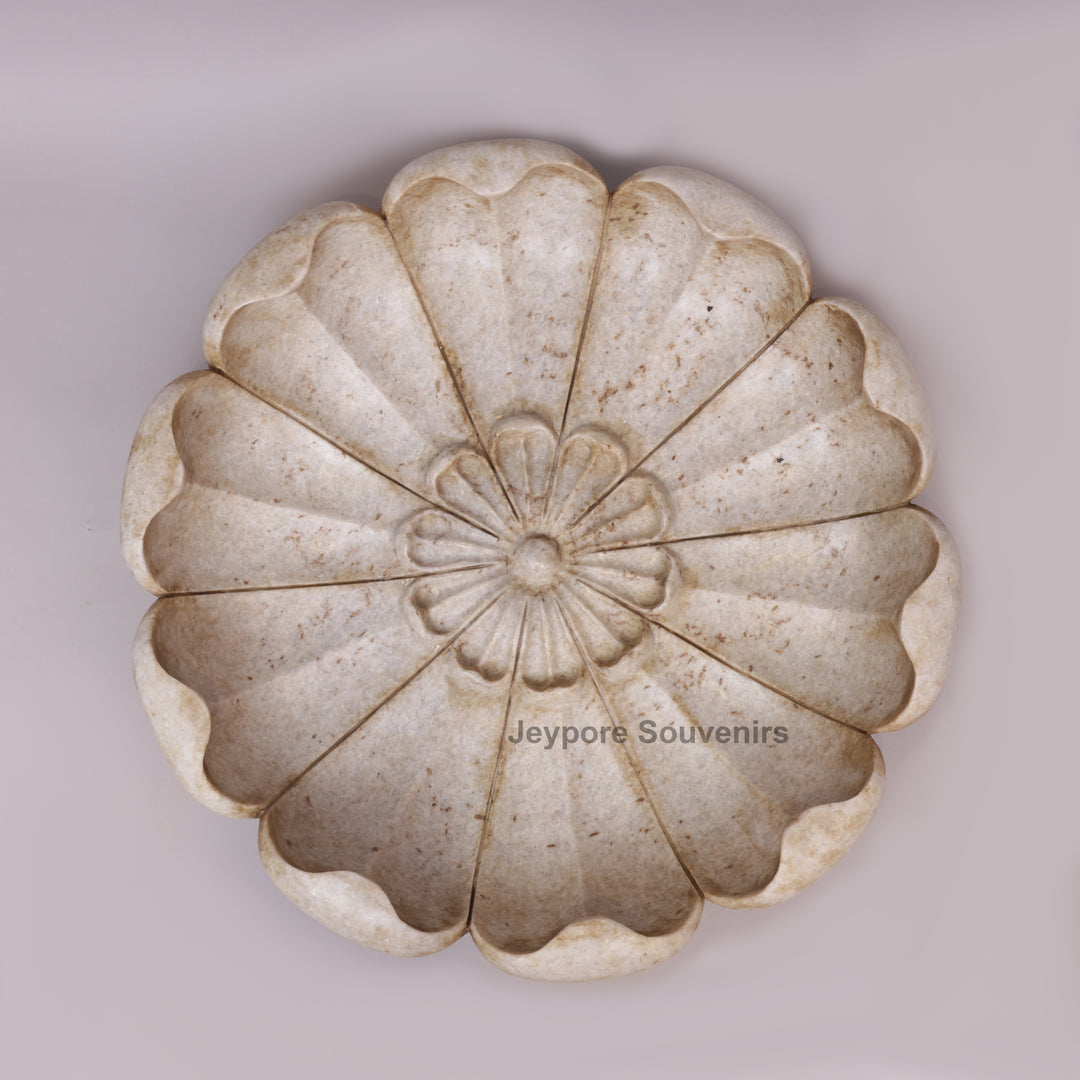 Hand-Carved Marble Lotus Urli Bowl with Antique Scalloped Petals