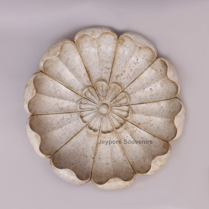 Hand-Carved Marble Lotus Urli Bowl with Antique Scalloped Petals