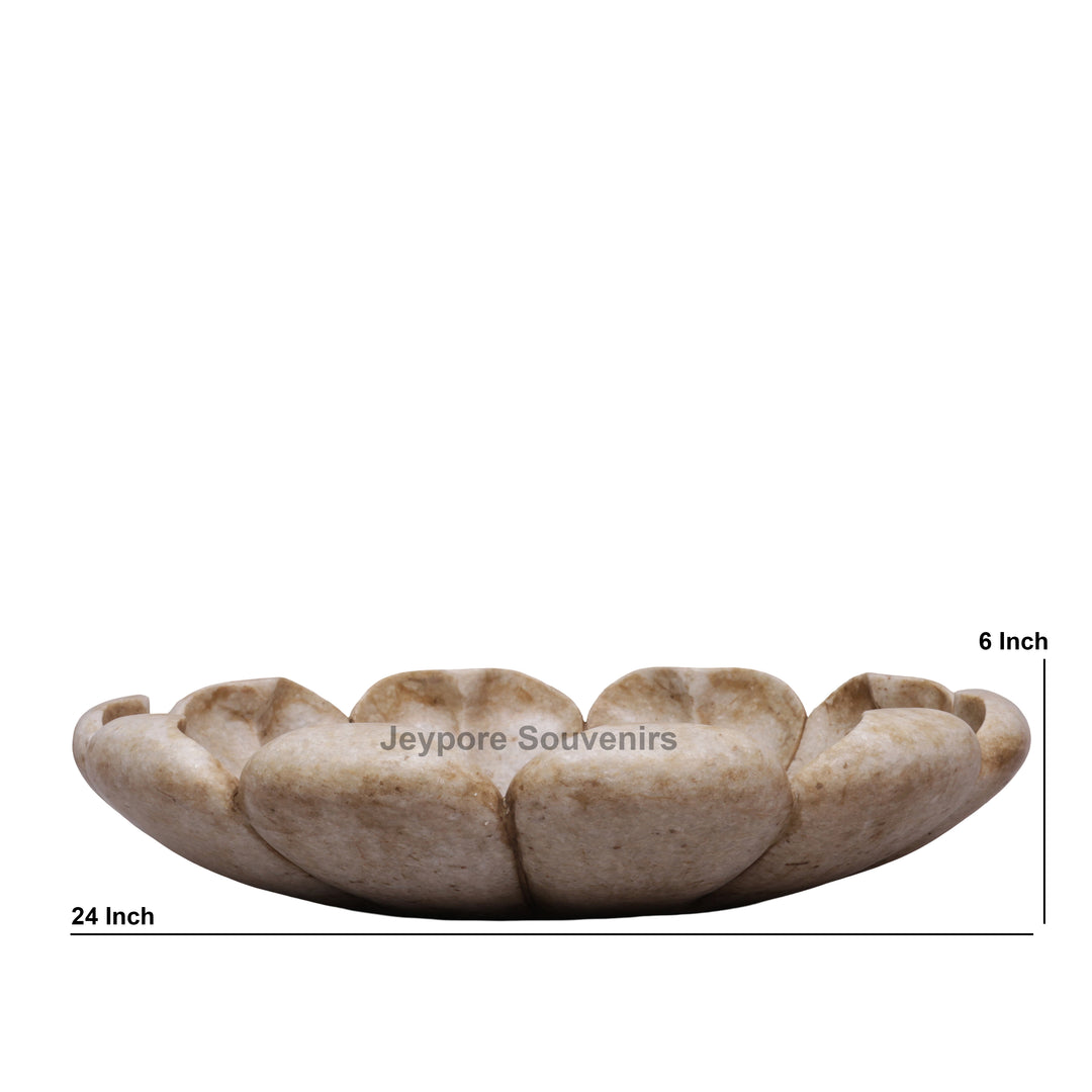 Hand-Carved Marble Lotus Urli Bowl with Antique Scalloped Petals