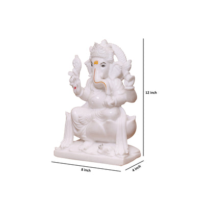 12" Handcrafted Pure White Marble Lord Ganesha Murti for Home & Office Décor