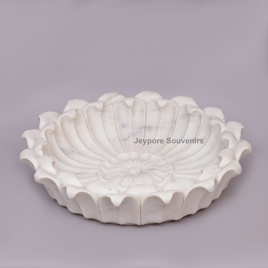 White Marble Flower-Shaped Urli Bowl with Carved Lotus Petals