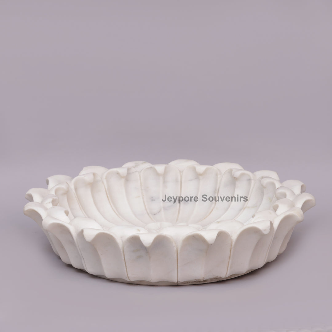 White Marble Flower-Shaped Urli Bowl with Carved Lotus Petals