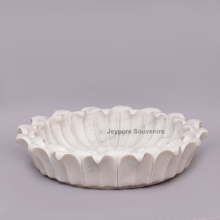 White Marble Flower-Shaped Urli Bowl with Carved Lotus Petals
