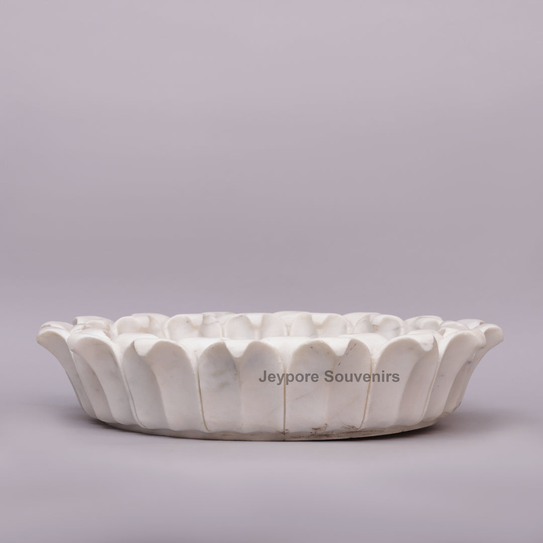 White Marble Flower-Shaped Urli Bowl with Carved Lotus Petals