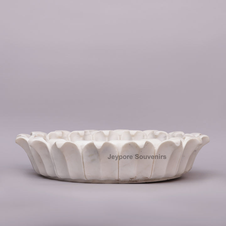 White Marble Flower-Shaped Urli Bowl with Carved Lotus Petals