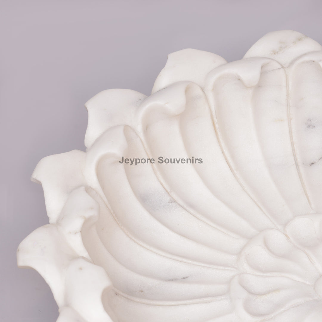 White Marble Flower-Shaped Urli Bowl with Carved Lotus Petals