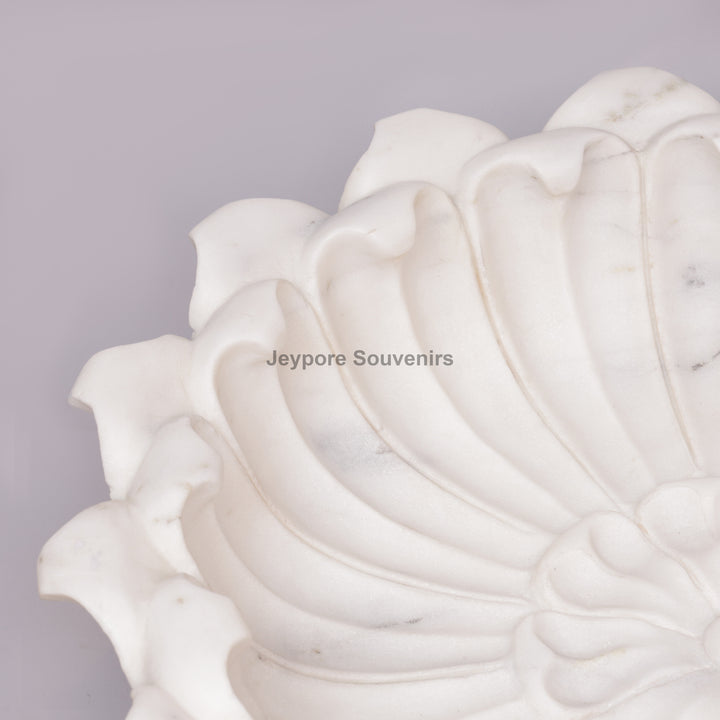White Marble Flower-Shaped Urli Bowl with Carved Lotus Petals