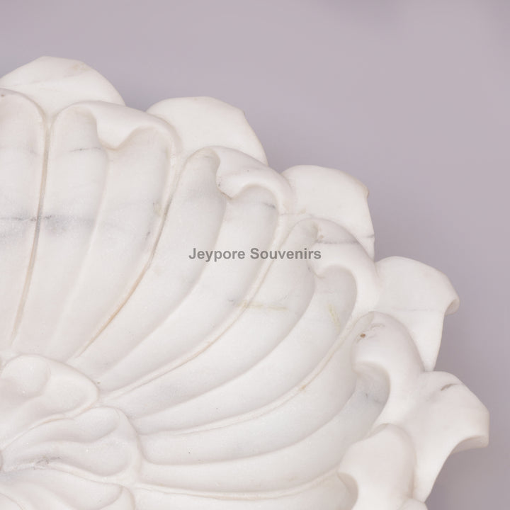 White Marble Flower-Shaped Urli Bowl with Carved Lotus Petals