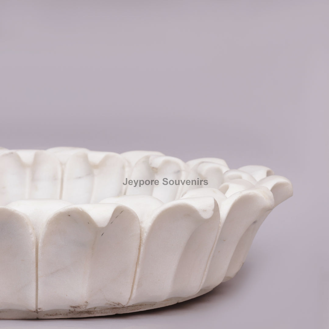 White Marble Flower-Shaped Urli Bowl with Carved Lotus Petals