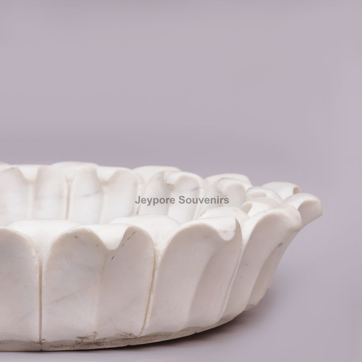White Marble Flower-Shaped Urli Bowl with Carved Lotus Petals