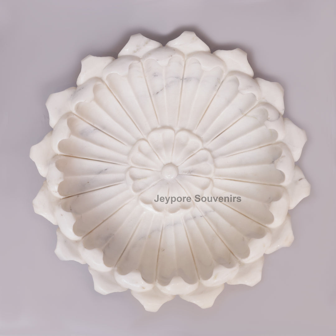White Marble Flower-Shaped Urli Bowl with Carved Lotus Petals