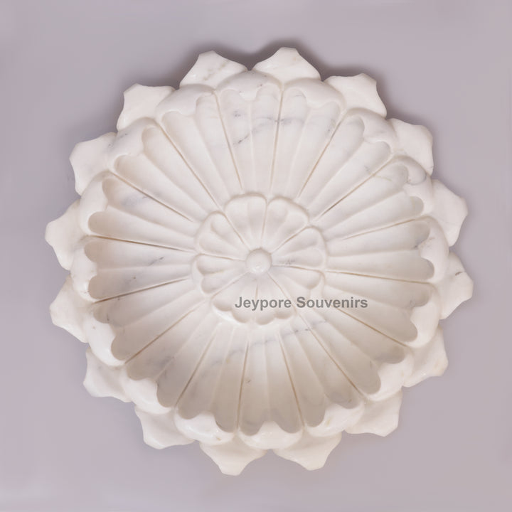 White Marble Flower-Shaped Urli Bowl with Carved Lotus Petals