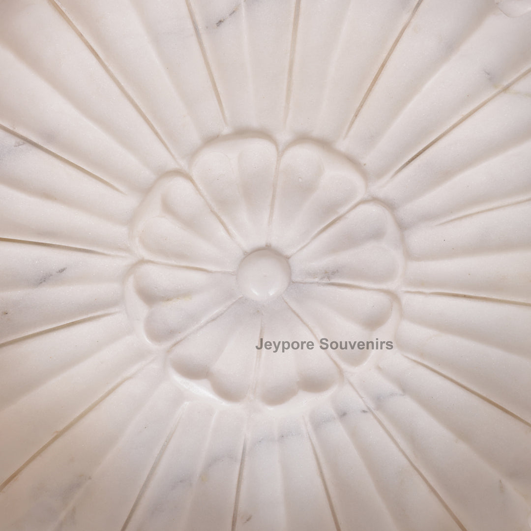 White Marble Flower-Shaped Urli Bowl with Carved Lotus Petals