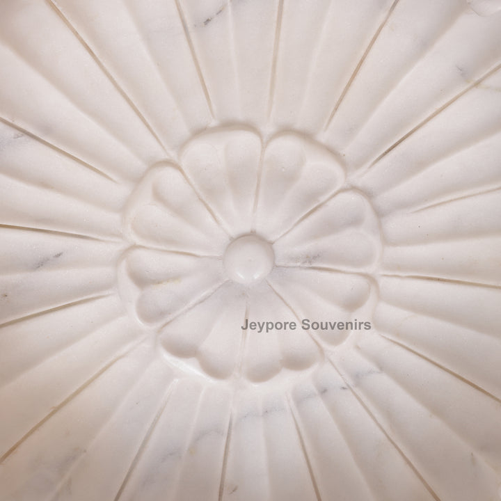 White Marble Flower-Shaped Urli Bowl with Carved Lotus Petals