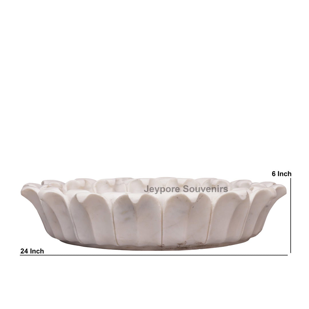 White Marble Flower-Shaped Urli Bowl with Carved Lotus Petals