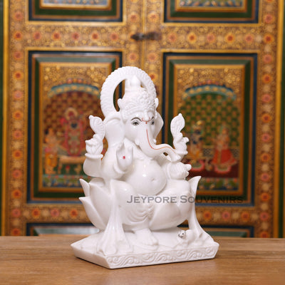 Handcrafted 15" Lord Ganesha Idol in Pure Makrana White Marble