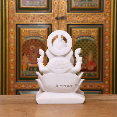 Handcrafted 15" Lord Ganesha Idol in Pure Makrana White Marble