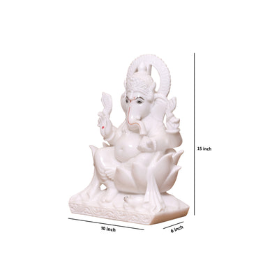 Handcrafted 15" Lord Ganesha Idol in Pure Makrana White Marble