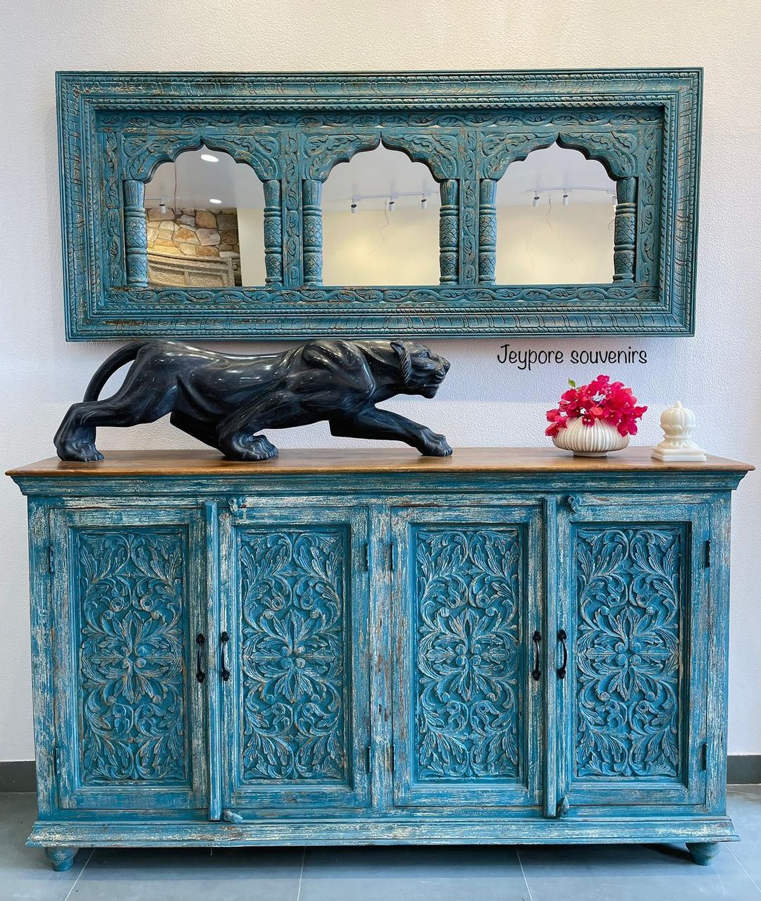 Hand carved 3 Jharokha mirror in distressed finish