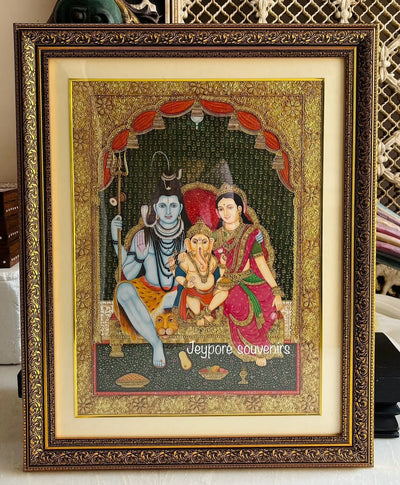 Tanjore style Shiv Parvati with Ganesha painting with real gold leaf work