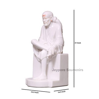 30" Hand-Carved Pure White Marble Sai Baba Sculpture