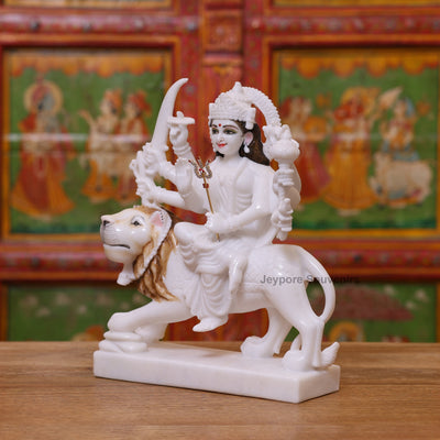12" Pure White Marble Goddess Durga Idol on Lion