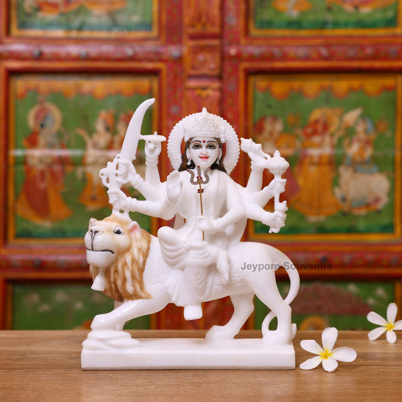 12" Handcrafted White Marble Goddess Durga Idol on Lion (8-Arm)
