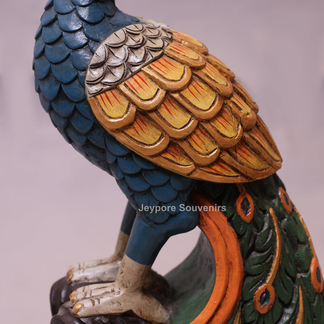 25" Hand-Carved Wooden Peacock Statue