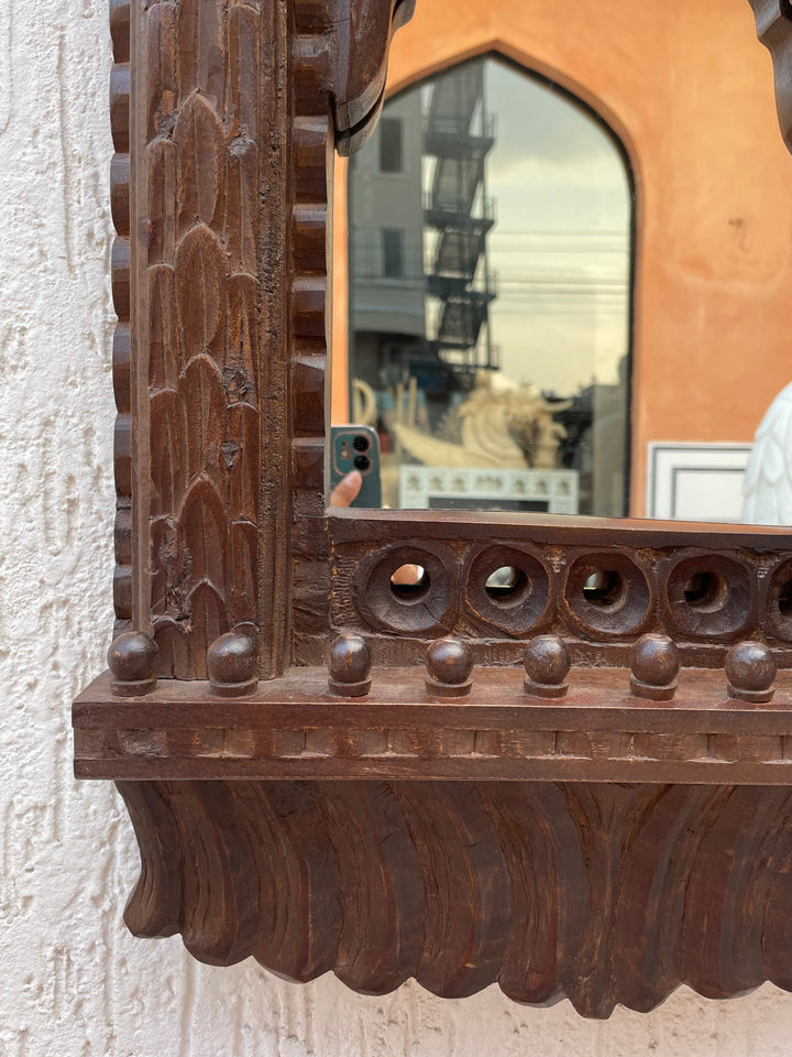 Hand carved single Jharokha mirror in distressed finish