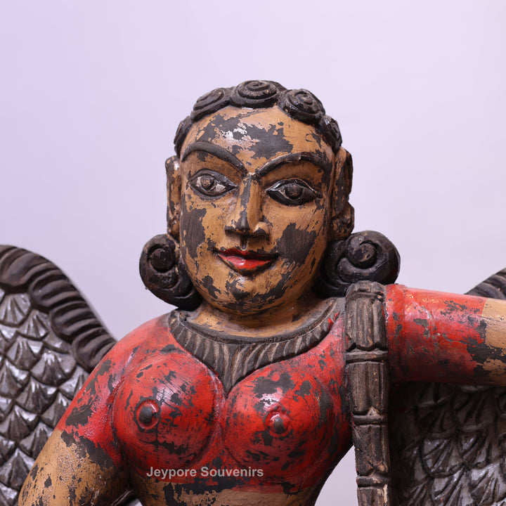 37" Handcrafted Wooden Apsara Winged Statue