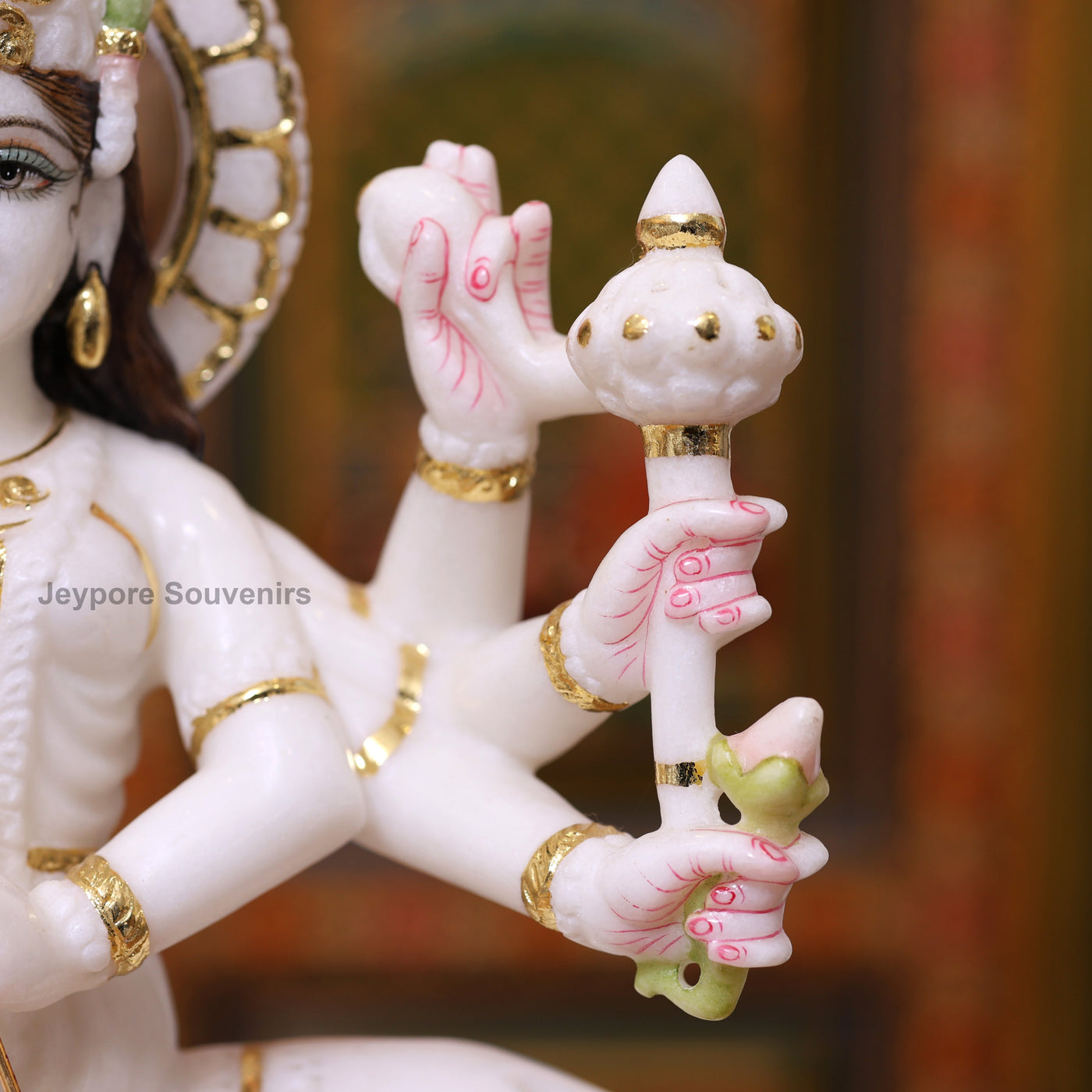 15" Real Gold Leaf Goddess Durga Marble Statue with Lion