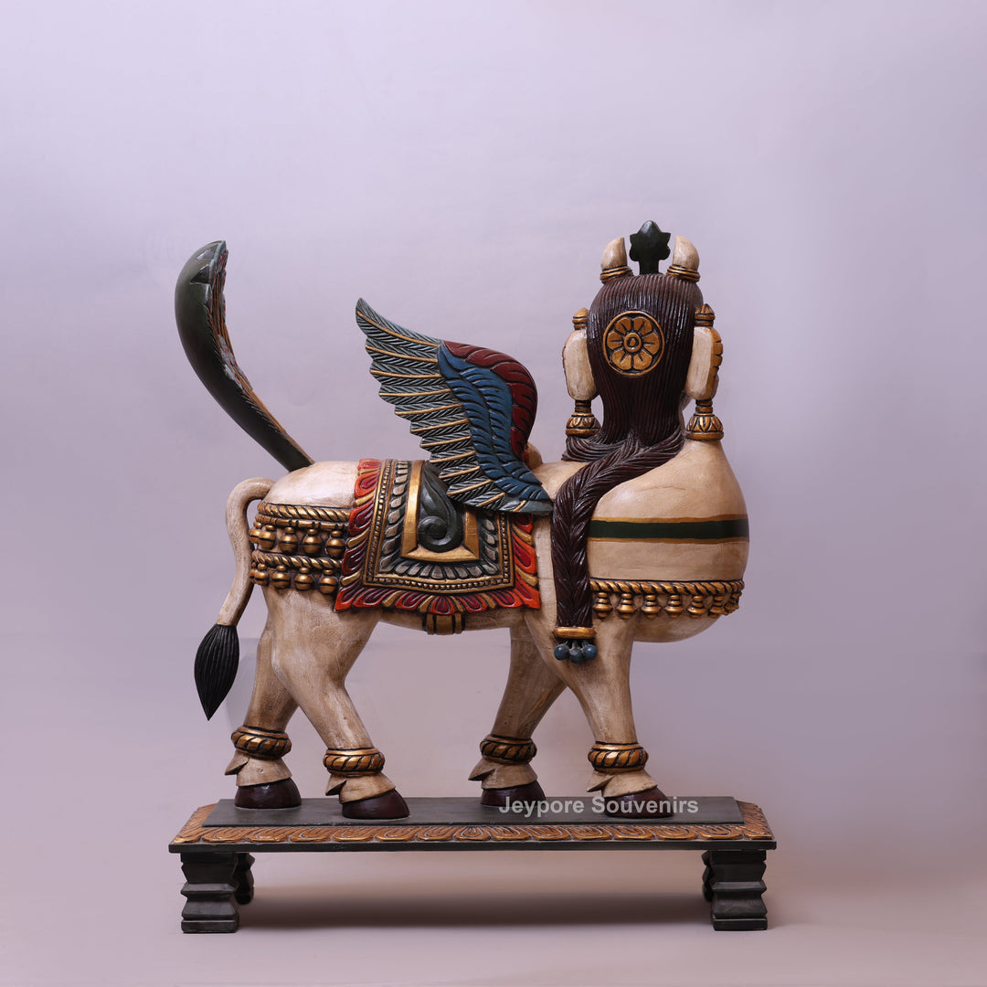 35" Handcrafted Wooden Kamadhenu Statue with Wings