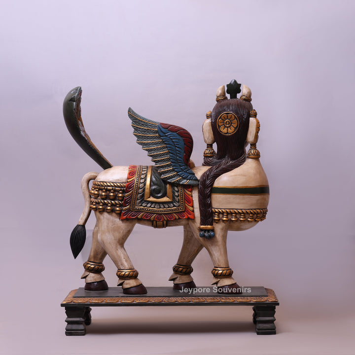 35" Handcrafted Wooden Kamadhenu Statue with Wings