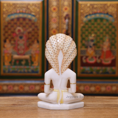 9" Pure White Marble Bhagwan Parshvanatha Idol with Real Gold Leaf Work | Handcrafted Jain Tirthankara Statue